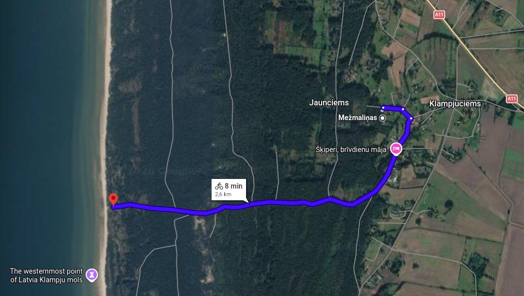 Maršruts no Klampju ciema līdz jūrai (Klampju mols) — 2,6 km, 8 min ar velo